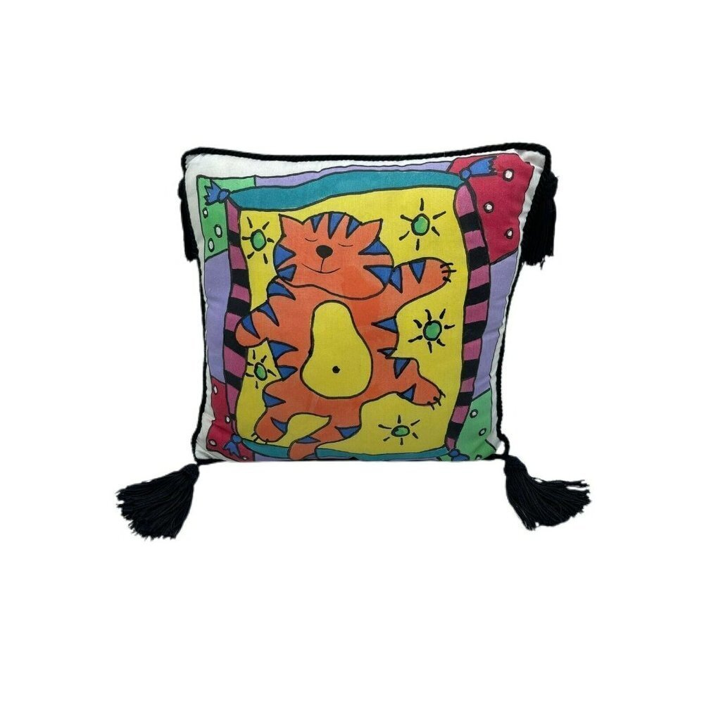 Colorful Calico Kitty Cat Pillow with Black Tassels Sleeping W/Stars Whimsical